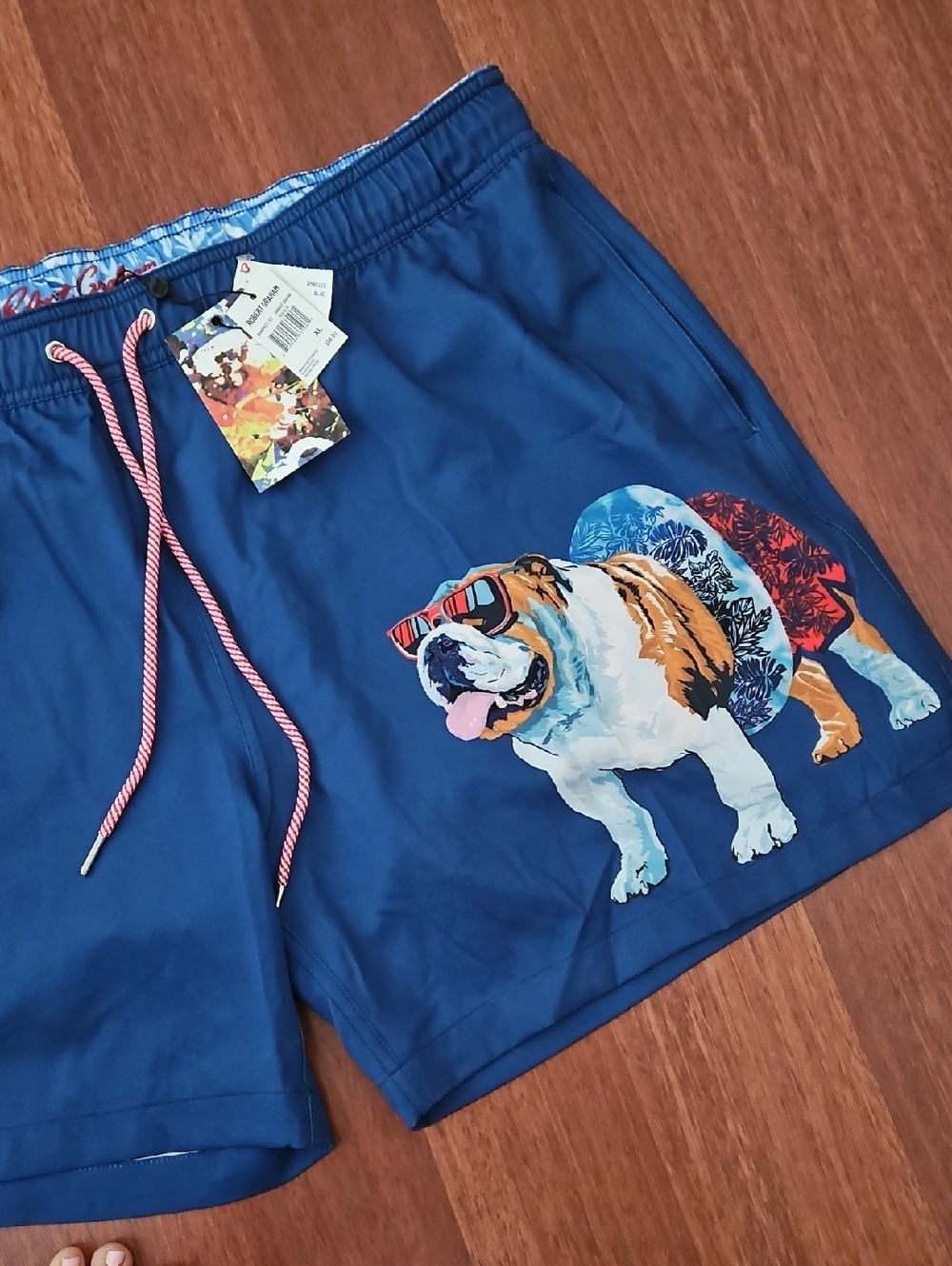 Robert Graham True Blue Hybrid Board Shorts Bulldog Graphic Swimsuit Men's Small